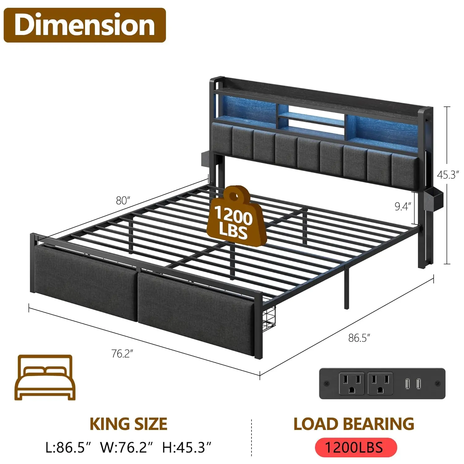 King Bed Frame Upholstered Headboard Storage Drawers LED USB Charging Metal Platform No Box Spring, Customized