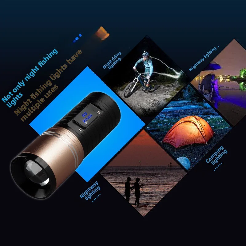 Aluminum Alloy Super Bright Fishing Light 4-Speed Adjustment Range 20-80h Zoomable Color Display Led Night Fishing Flashlight