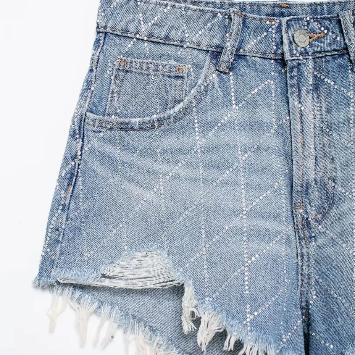 شورت جينز نسائي  بخصر مرتفع مع خرز شبكي لامع عتيق وسحاب وأزرار وجيبين قصيرين مقطوعين للربيع والصيف شورت نسائي جديد أنيق