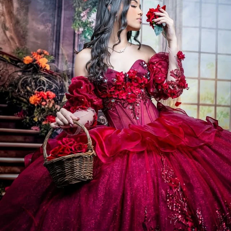 

Customized wine red Quinceanera Dresses Off the Shoulder glitter crystal applique 3D flower Long tail Vestido 15 Quinceanera