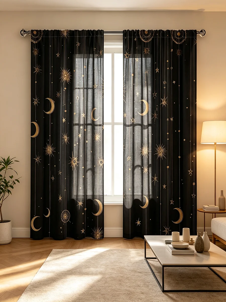 2PCS Boho Curtains, Gold Moon Star Sun Dreamcatcher Print, Celestial Window Drapes for Bohemian Bedroom Living Room