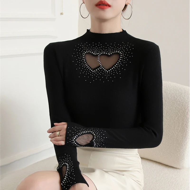 

Осень-зима 2022, новый вязаный свитер с полувысоким воротником, пуловер в форме сердца, топы, женский трикотаж с длинными рукавами и ромбовидной сеткой