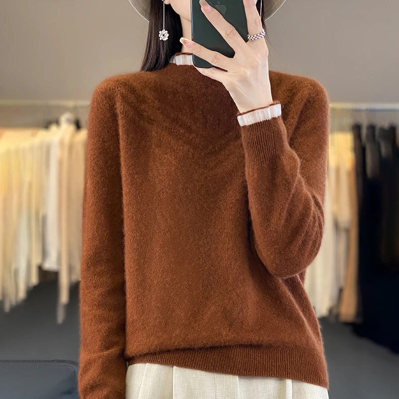 Women 100% Merino Wool Sweater Half-high Collar Knitted Mesh Wood Ear Edge Pullover Autumn Winter Thickened Casual Knitwear Top