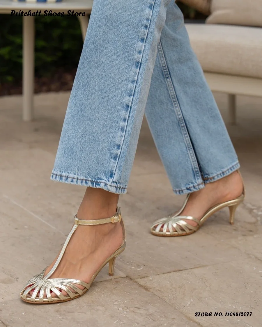 Women's Metallic T-strap Mid Heel Sandals Elegant Round Caged-toe Thin Heels Shoes Spring Summer Buckle Strap Office Footwear