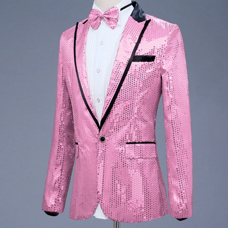 Pink Sequin One Button Dress Blazers Brand New Nightclub Prom Men Suit Jacket Wedding Stage Singer Costume (Bowtie Include)