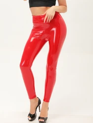 Leggings de couro PU para mulheres, cintura alta, calças lápis stretch, roupas de dança brilhantes, calças sexy, vermelho, quente, novo