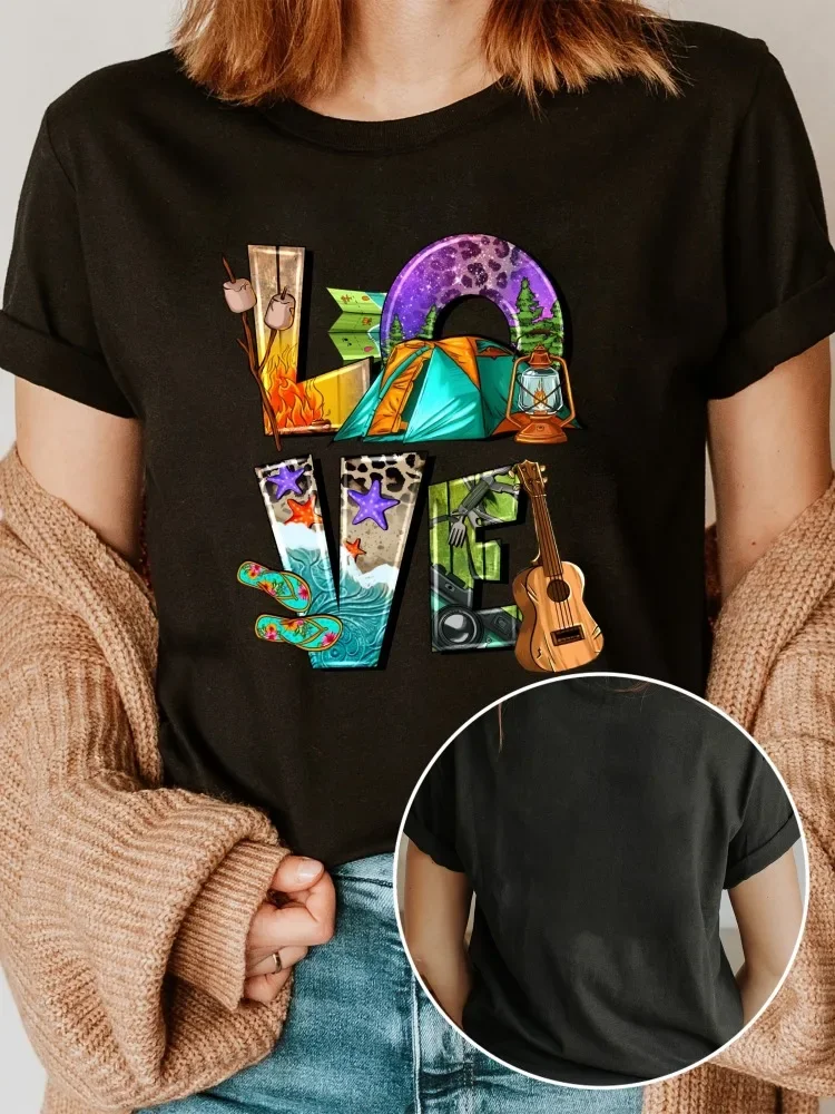 캠핑 오브세션-여성용 레터 프린트 티셔츠, 라운드넥 반팔 캐주얼 탑