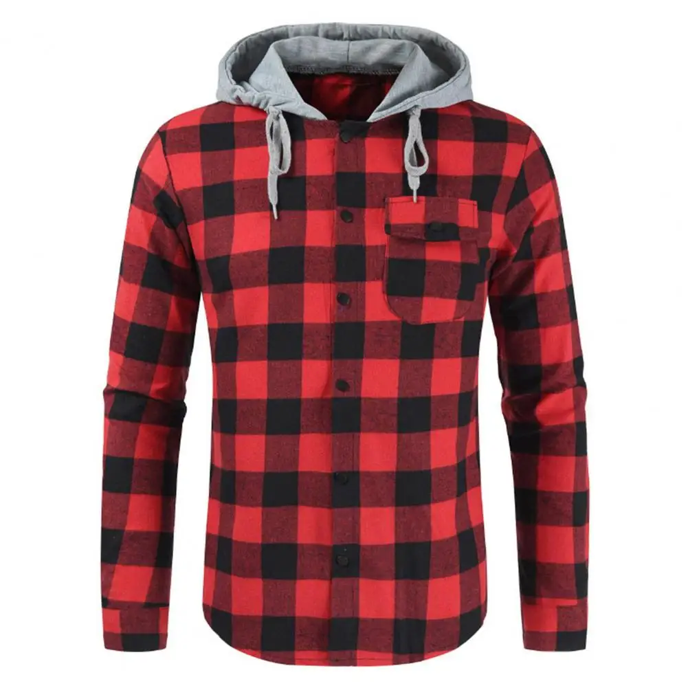 

Men Spring Hoodie Hooded Men Shirt Stylish Men's Plaid Print Hooded Cardigan Fall/winter Color Matching Soft Long Sleeve