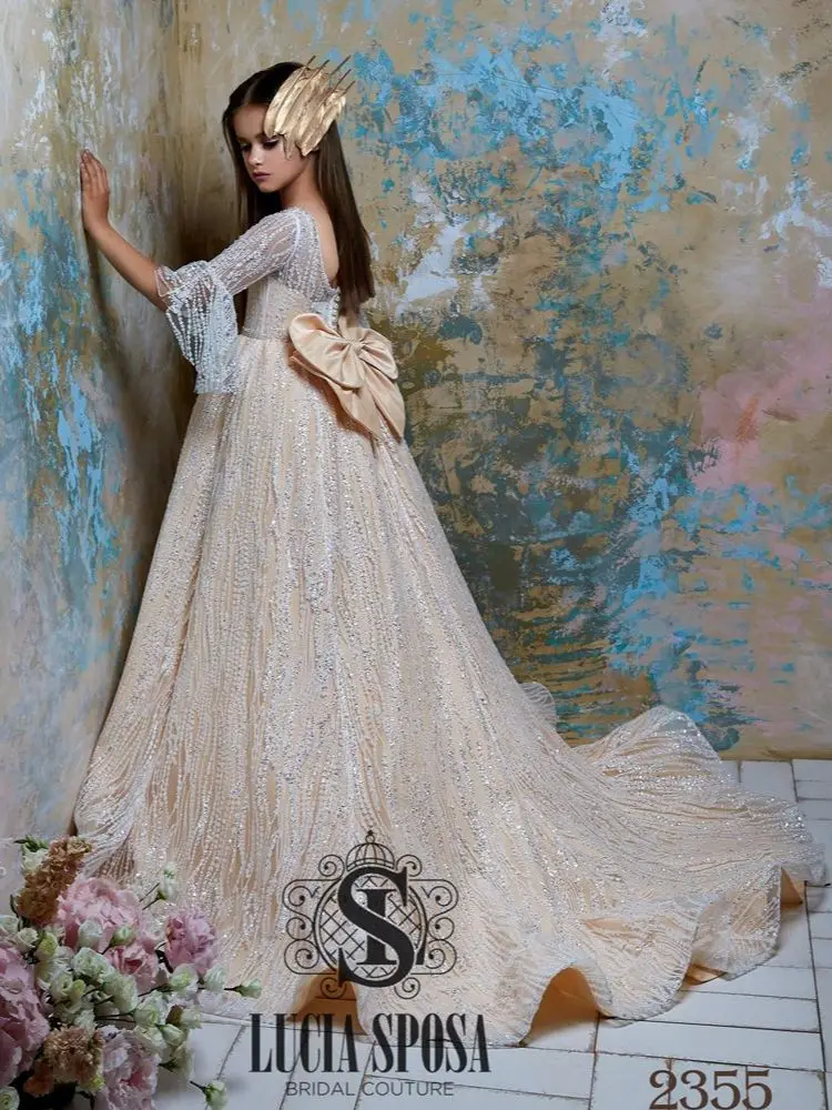 Fatapaese vestidos da menina de flor para crianças do vintage princesa laço branco vestido pétala manga ilusão renda com arco casamento mesmo festa