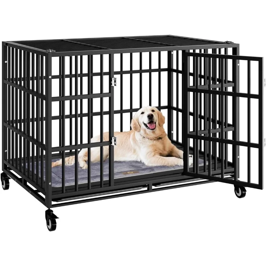 

42-дюймовый сверхмощный ящик для собак с колесами для больших и очень больших собак Неразрушимый устойчивый к побеге дизайн со съемным подносом