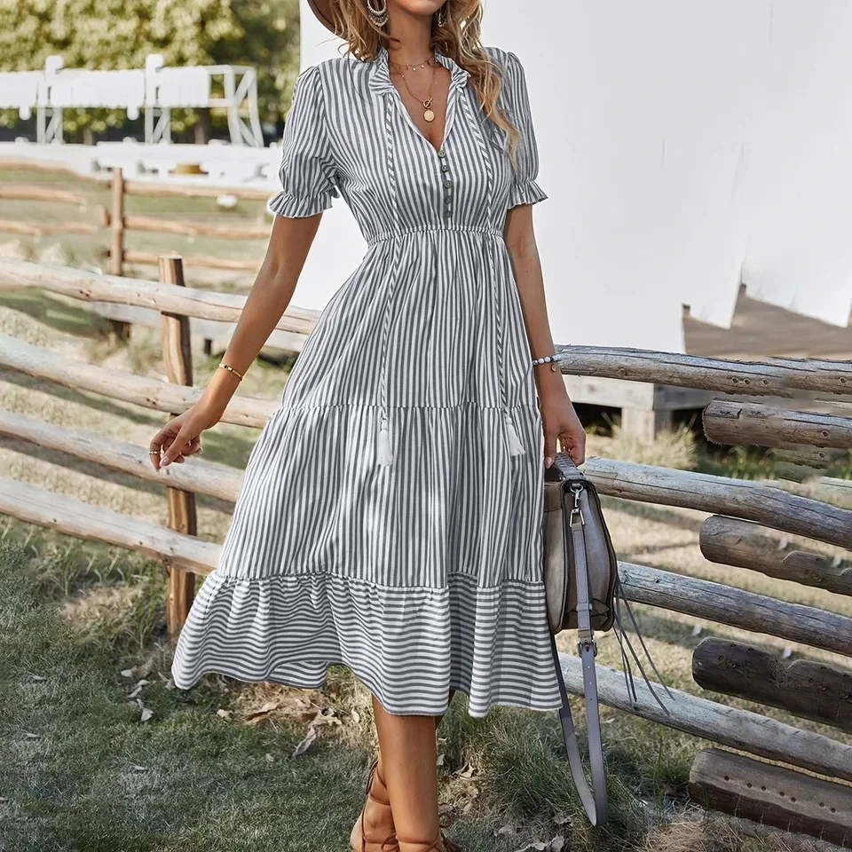 

Women Elegant Striped Lantern Sleeve Summer Dress Causal V-neck Button Ruffles Midi Dress 2025 Women Beach Holiday Party Dresses