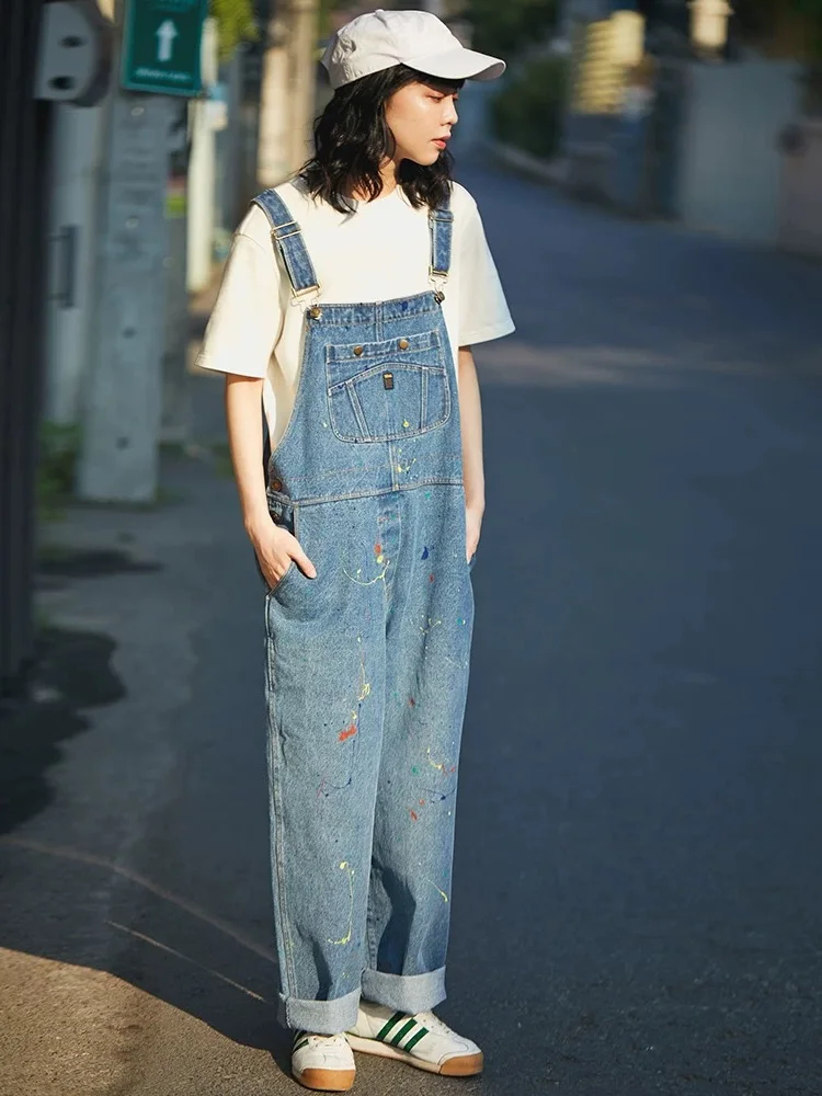 

Vintage Japanese Girl Heavy Du Denim Overalls Women Loose Casual Straight Legalls Spring Seasonal High Waist Blue Color