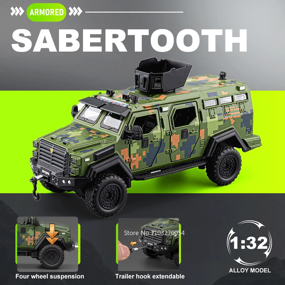 

Машинка-модель 1:32 Sabertooth Dongfeng Mengshi из литого сплава, с четырехколесной подвеской, звуком и светом, откатным механизмом, миниатюрная, для мальчиков