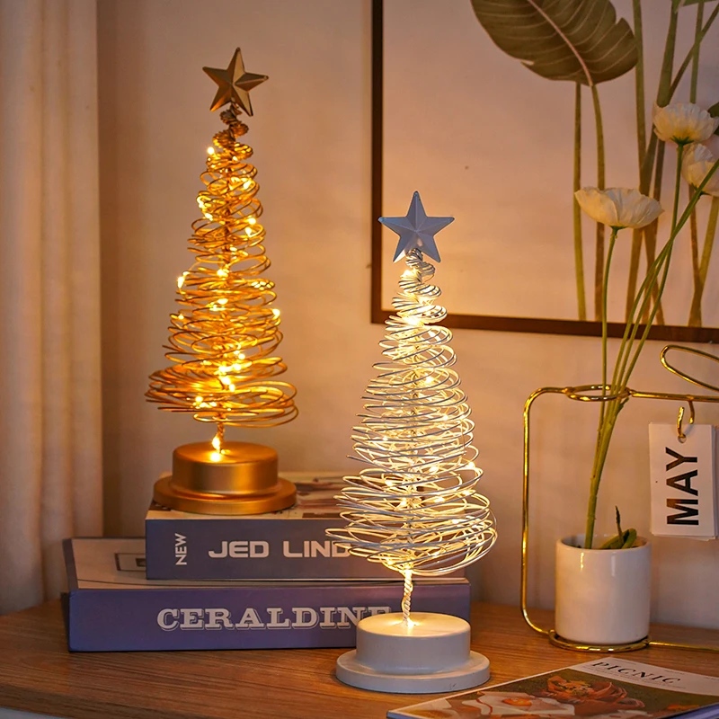 LED Christmas Tree Spiral Light Decoration Modeling Ornament Wrought Iron Desk Lamp Christmas Atmosphere Room Night Light Decor