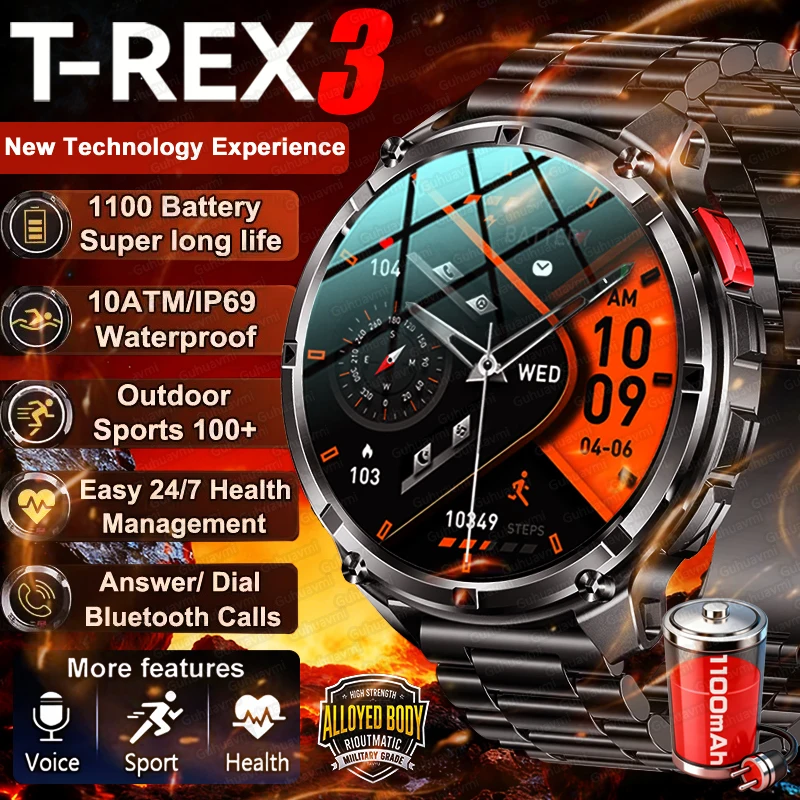 

2026 New T-REX3 1100mAh Battery Smart Watch Men 10ATM Waterproof GPS Bluetooth Call 1.7" AMOLED HD Sports Flashlight Smart Watch
