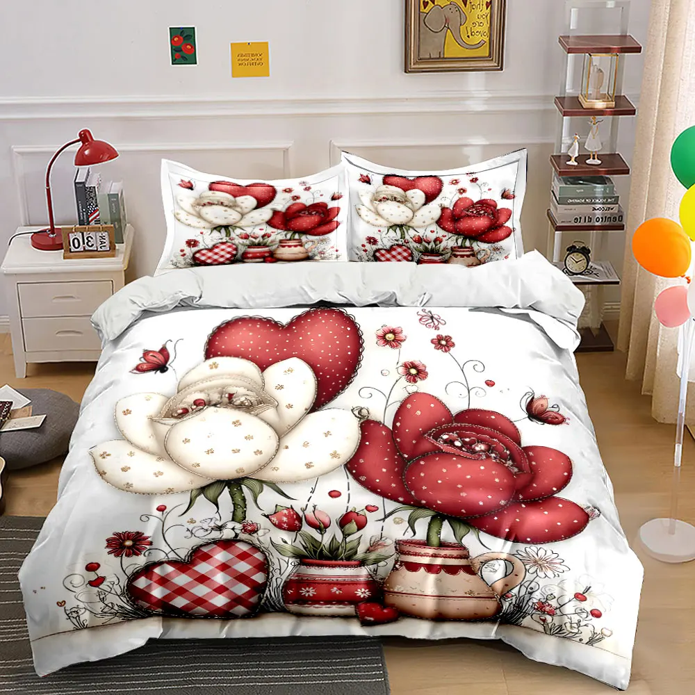 Warm flowers with heart elements Printed Duvet Cover Set 1 Duvet Cover+2 Pillowcase Multi Size Bedroom Bedding Decoration