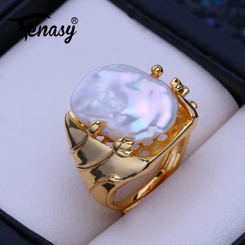 FENASY Natural Freshwater12-16mm Big Baroque Pearl Silver Gold Color Pierścionki koktajlowe dla kobiet Eleganckie prezenty dla kobiet