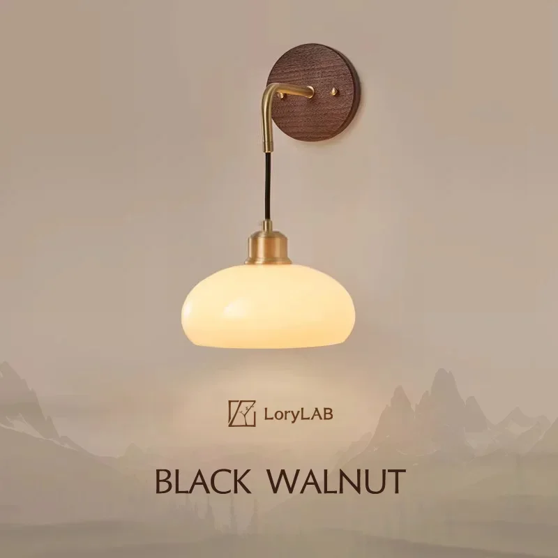 

Walnut Wood Glass Brass, Wabi-sabi minimalist Modern style, Wall Sconce light for Bedroom, Bedside, Living, Dining Room