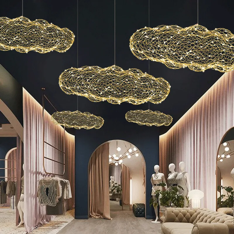 Iron Mesh Cloud Chandelier LED Hand Woven Cloud Lamps Nordic Industrial Style Villa Dining Room Staircase Living Room Chandelier