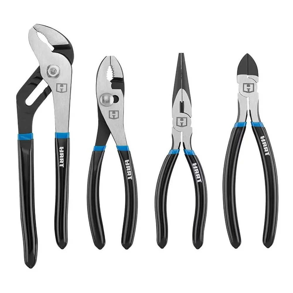 

4-Piece Pliers Set Includes: (1) 10" Groove Joint Pliers,(1) 8" Slip Joint Pliers, (1)8" Long Nose Pliers,(1) 8" Diagonal Pliers