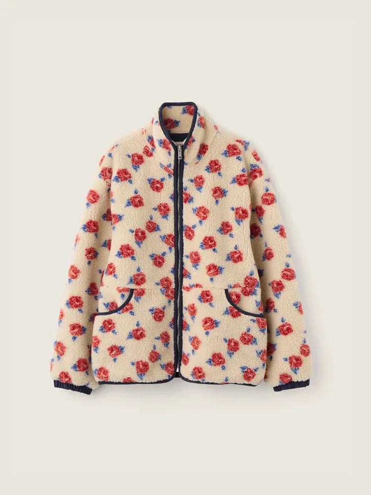 

Brand Women's Fce Lined Cotton Jaet Zipper Collar Retro Rose Print Outerwear Comfortable Fit Long Sve Coat