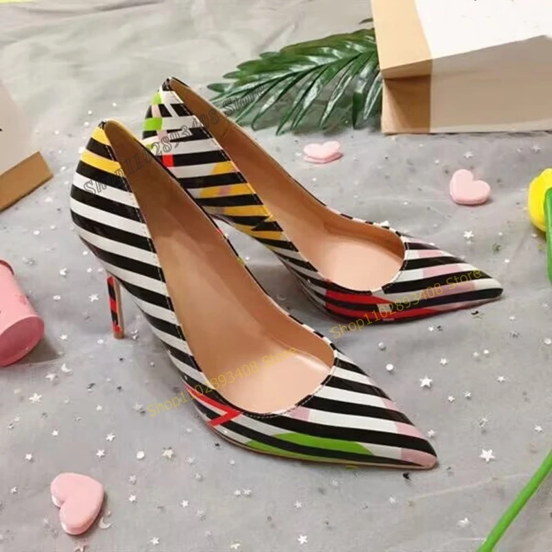 

Mixed Color Stripe Shallow Pumps Pointed Toe Stilettos High Heel Slip on Women Shoes 2023 Fashion Sexy Zapatos Para Mujere