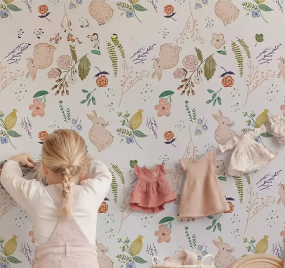 Customized mural bunny floral American fresh watercolor children's room girl bedroom Nordic wallpaper