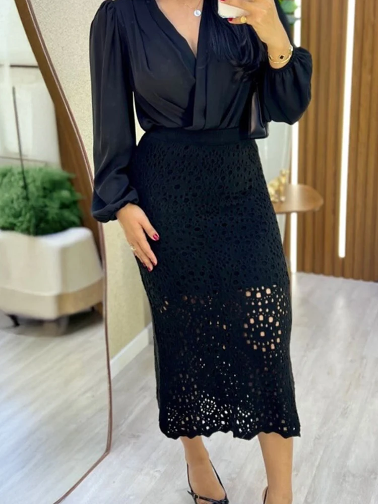 여름 신상 출퇴근용 롱 스커트, 우아한 레이스 속이 비치는 힙 라인 스커트, 고급스러운 단색 슬림 힙 라인 스커트