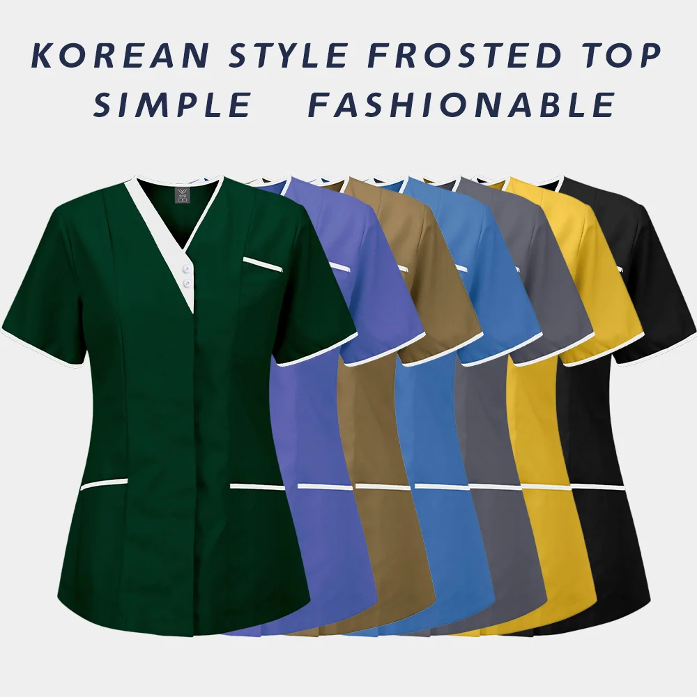 New Style Nurse Tunic Women Solid Pocket Scrub Tops Short Sleeve Blouse Beauty Salon Overalls Medical Dental Pharmacy Uniforms