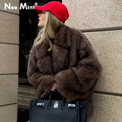 Manteau d'hiver en fausse fourrure Neo Mint pour femme, pardessus en fourrure de renard moelleux, veste chaude en fourrure, style de rue pour fille, marque de mode, 2024