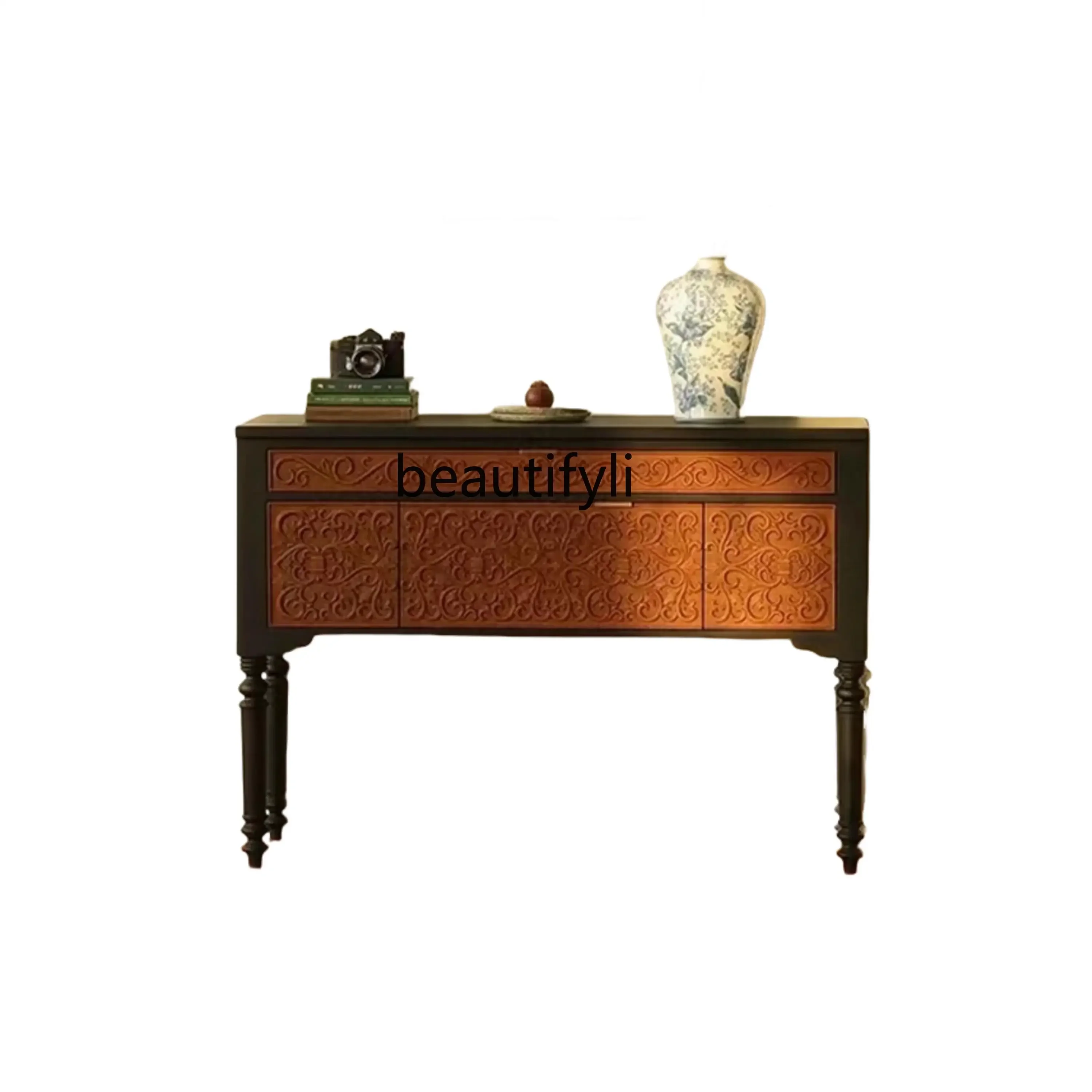 

HFrench retro solid wood porch cabinet, antique style entry foyer decoration contrasting color locker, carved storage cabinet