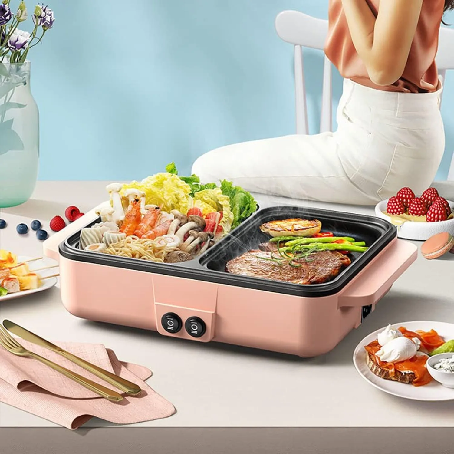 2-in-1 Electric Grill and Hot Pot, Smokeless Griddle, Portable Non-Stick Teppanyaki Pan, Ideal for Indoor/Outdoor Parties