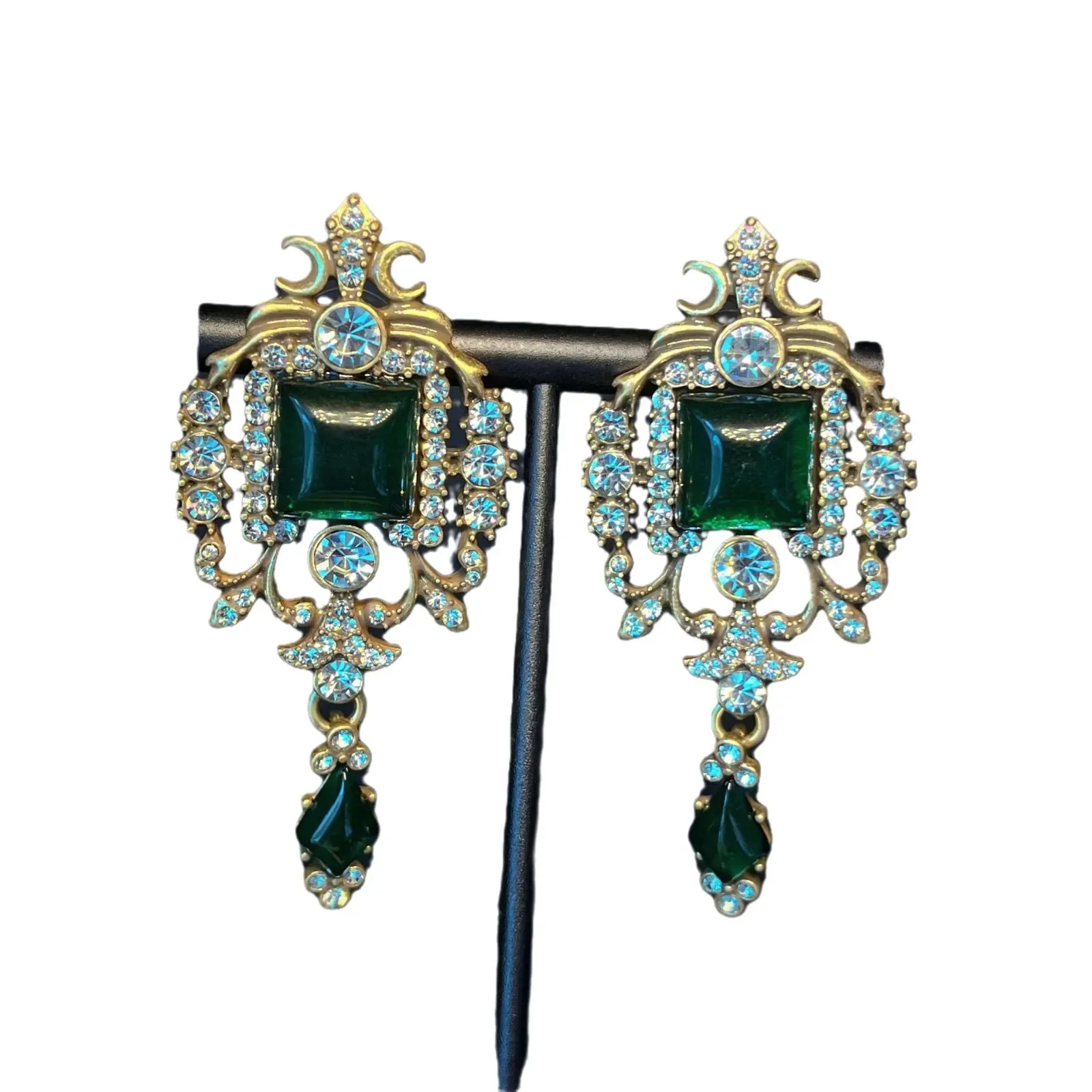 Pendientes de cristal verde Retro de estilo Palacio de gama alta, joyería Medieval, temperamento Vintage, pendientes de diamantes pesados