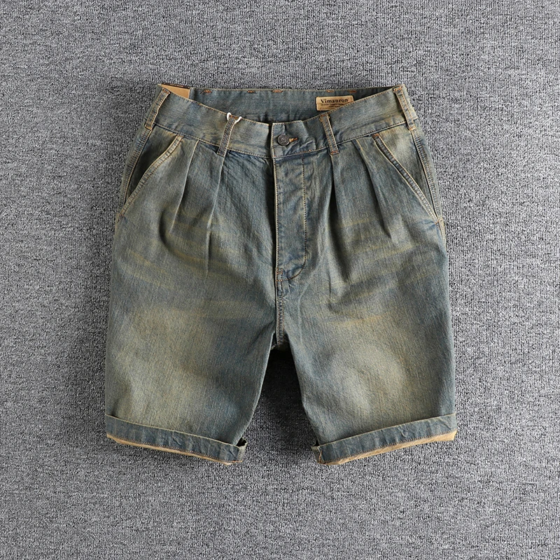 

Retro Washed Denim Shorts Men's Loose Straight Cut Versatile Youth Five-Quarter Mid-Pants Japanese Retro Style Cotton 100%