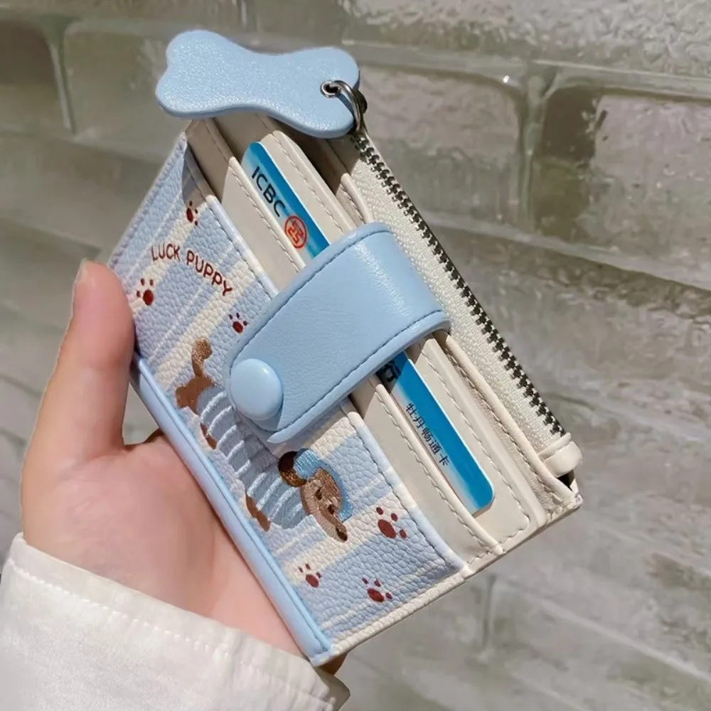 Cartera corta con bordado de perro salchicha Ins, monedero con cremallera de perro de dibujos animados, Color dopamina, bolso de artículos pequeños de PU para mujer y niña