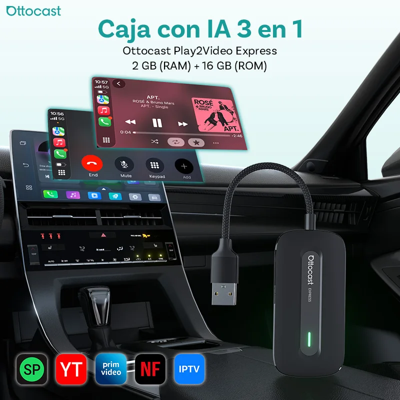 Ottocast 2026 Play2Video Express Carplay-Adapter Kabelloser CarPlay Android Auto Streaming-Adapter mit YouTube Netflix Spotify IPTV für Audi Kia Plug & Play Schneller Versand aus Spanien