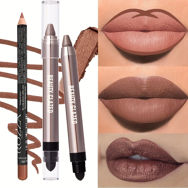 2pcs Set Metallic Lip Color Combo,Neutral Eyeshadow Stick,Waterproof Long-lasting,Shimmer Matte,Glitter Metallic Lip Gloss