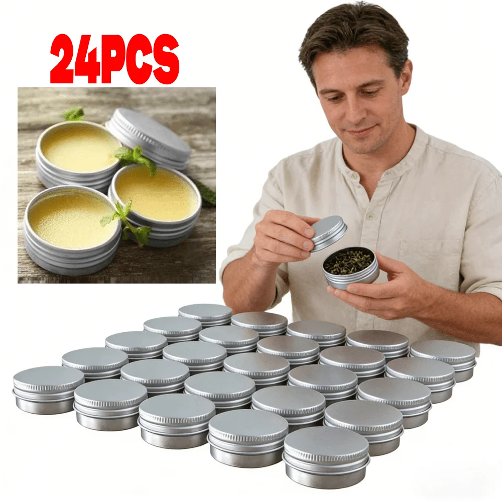 

24PCS Screw Top Round Aluminum Tin Cans Jar Containers with Screw Cap for Lip Balm Cosmetic Candles Salve Make Up Eye Shadow