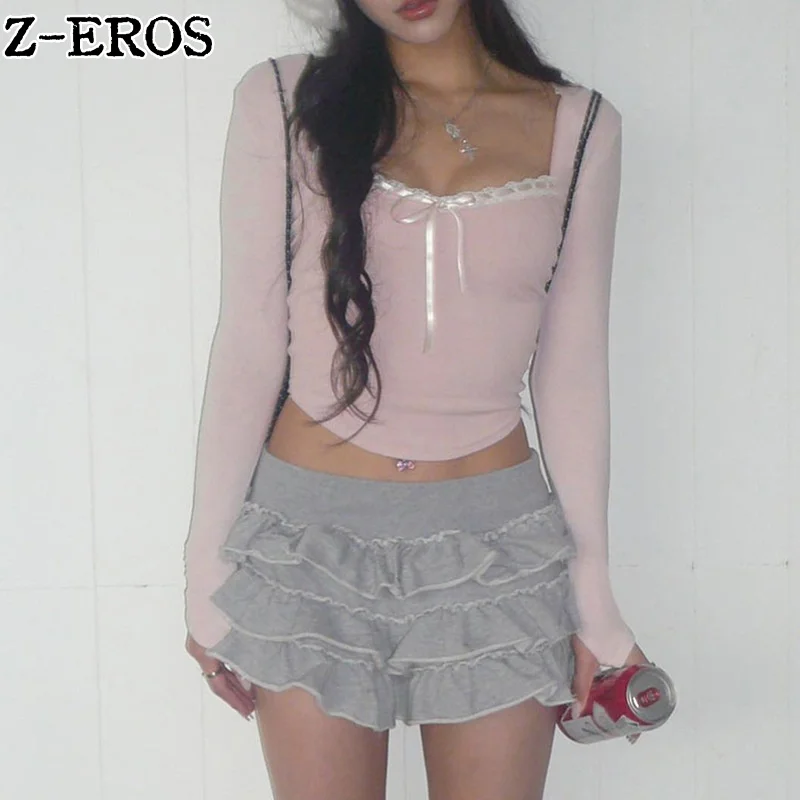 Z-EROS Cute Pink y2k Top Women Sweet Coquette Square Neck T-Shirts Slim Fit Short Knitwear Ribbon Bow Long Sleeved Basic Tees