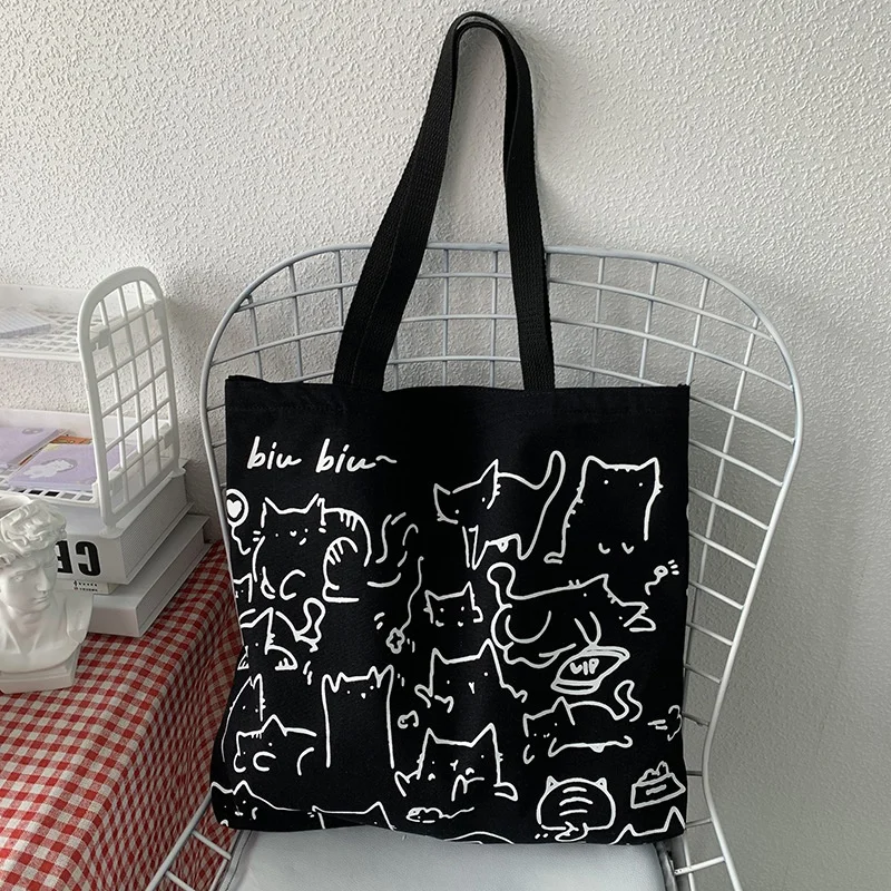 Canvas Bags Handbag for Women Shopper Cute Cat Tote Bag with Zipper Designer Bag Japanese Style Cartoon Small Shoulder Bags