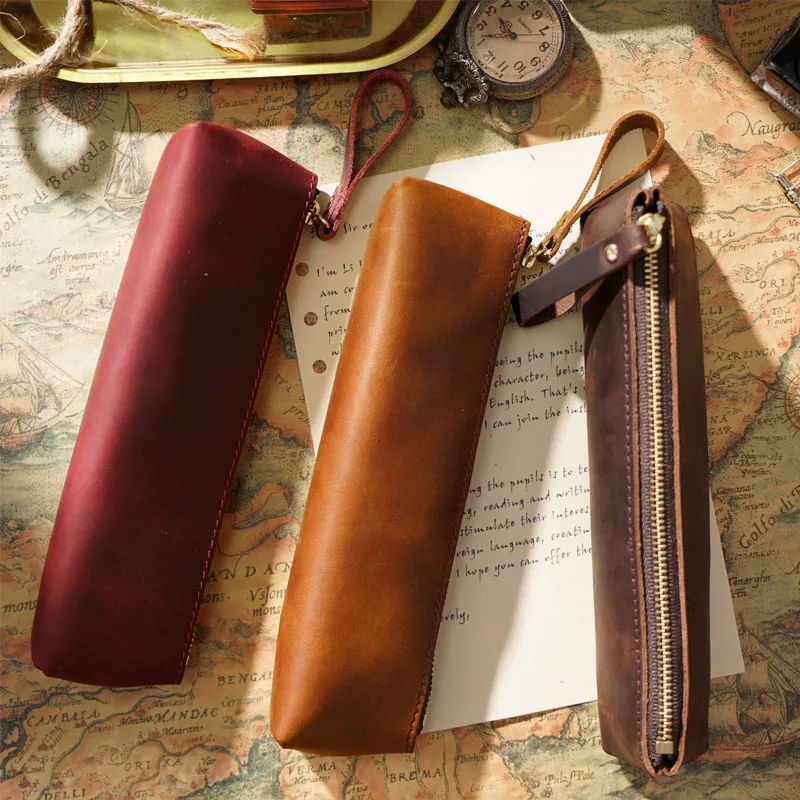 Fromthenon Crazy Horse Leather Zipper Pencil Case Vintage Handmade Pencil Bag Creative Fashion Stationery Retro Pen Storage Bag