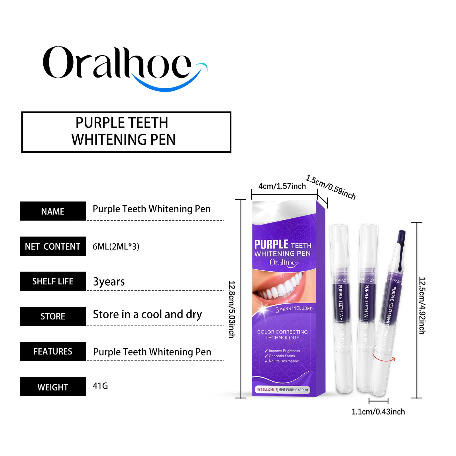 ORALHOE 3 قطعة/صندوق قلم تبييض الأسنان إزالة البقع الفعالة تصميم محمول سهل الاستخدام تركيبة خفيفة تأثير سريع طويل الأمد