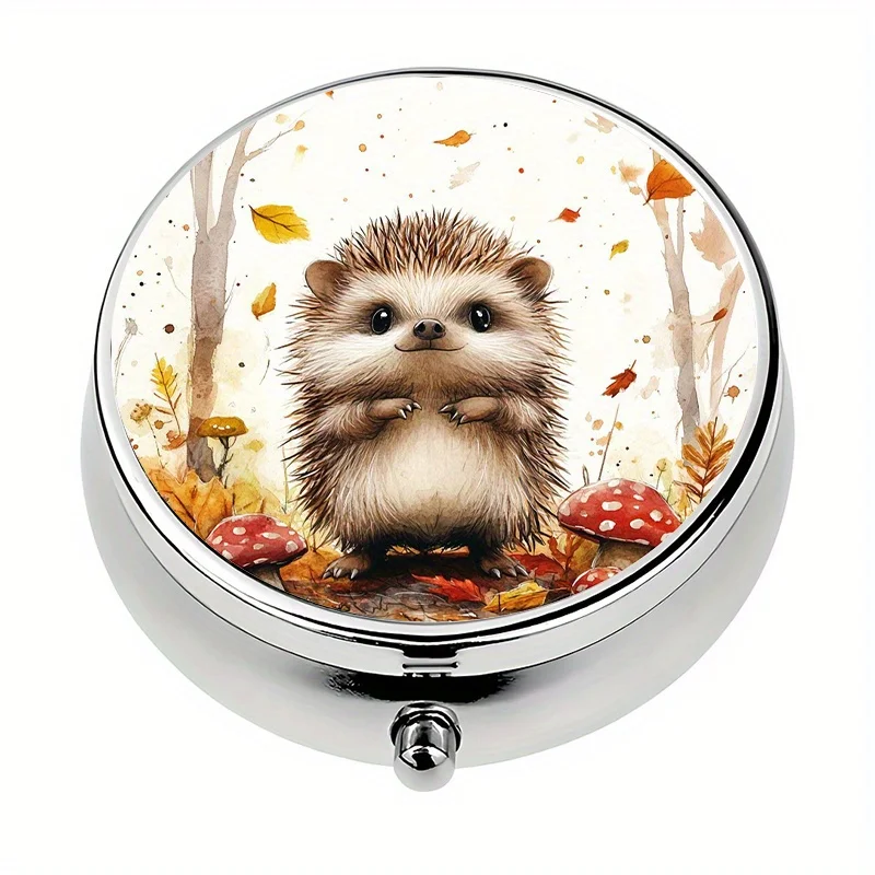 1 mini pill box, with 3 compartments, autumn hedgehog theme, mini pill container, pill organizer, unique travel gift