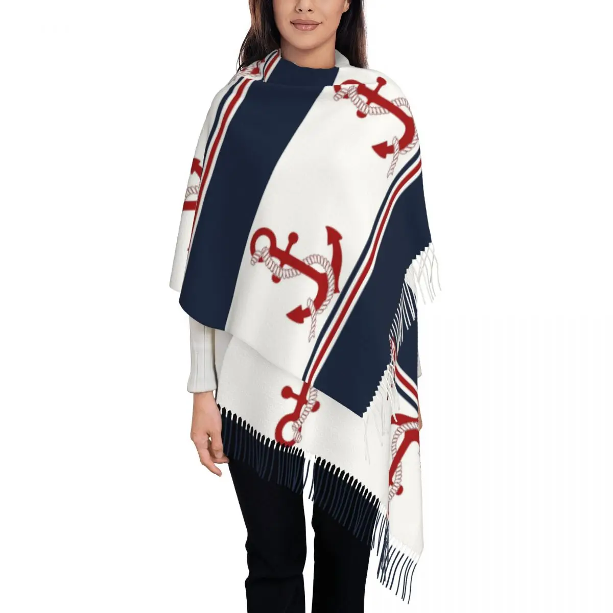 Nautical Blue And White Stripes With A Red Anchor Scarf Tassel Scarves Women Soft Warm Shawls and Wraps Fall Winter Shawl Wrap