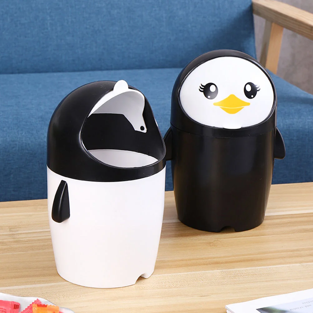 Stobaza Plastic Baskets Penguin Trash Can Animal Car Trash Can Mini Cartoon Waste Basket Cover Toilet Bathroom Kitchen Living