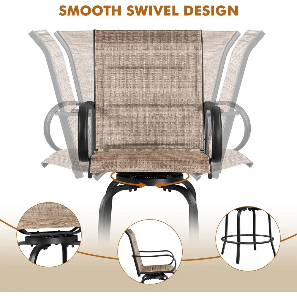 4-teilige drehbare Barhocker für die Terrasse, Texteline-Bistrostühle mit hoher Rückenlehne/Armlehne/Fußstütze, gepolsterte Allwetter-Sitzgelegenheiten für den Außenbereich, Pelz