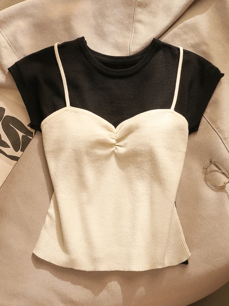 Otoño 2025 Nuevo Sle Hollow out Design ort Sve irt y camiseta sin mangas Combo Ropa de abrigo para mujer Sexy Slim Fit redondo Ne Poly...