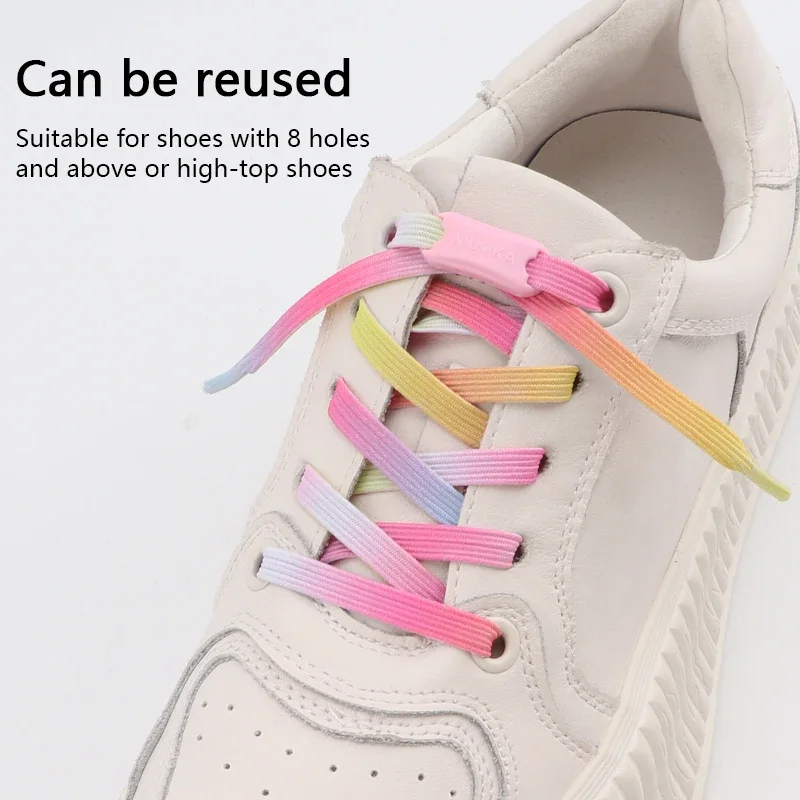 Elastic Lazy No Tie Shoelace Kit Flat Rainbow Stretch Replacement Shoe Laces with Press Lock Easy Install Decorative Shoelaces