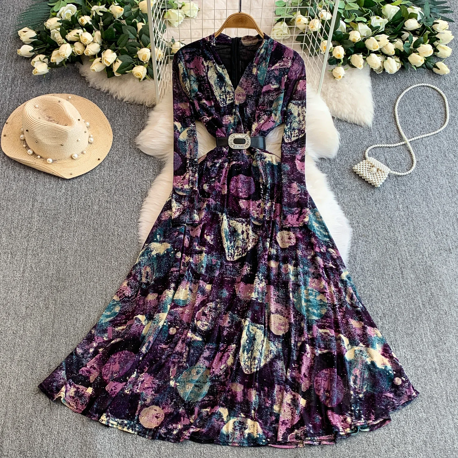 Abito vintage chic a maniche lunghe con scollo a V increspato glitterato Fata moda coreana Boho Sundress abbigliamento donna