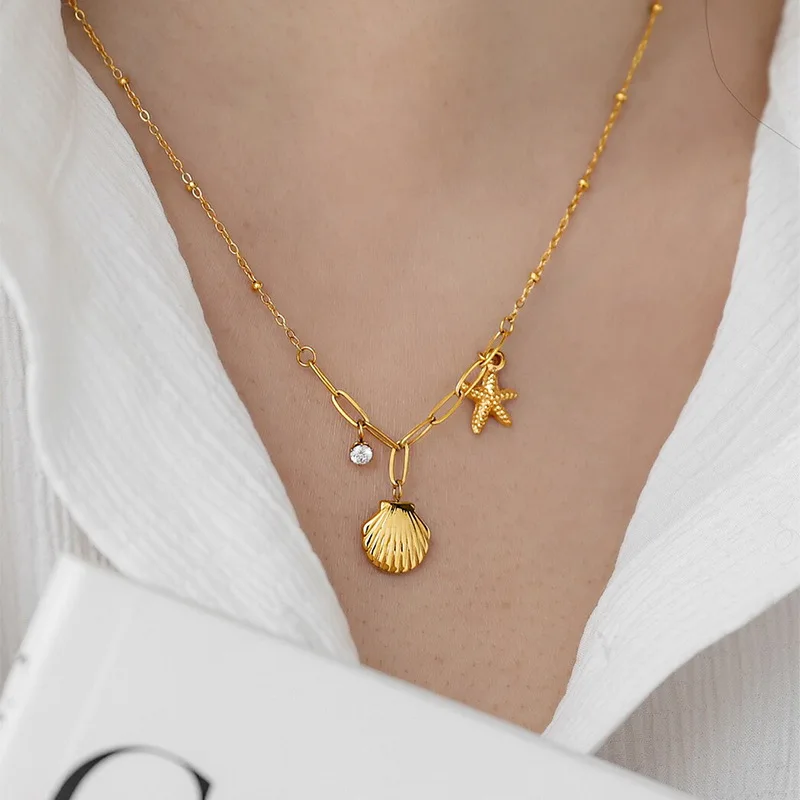 Stainless Steel Sea Star Shell Pendant Necklace For Women Girls Gold Color Luxury Vacation Choker Chain Wedding Jewelry Gifts
